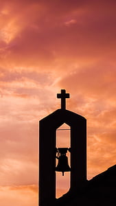 campanario, puesta de sol, nubes, Iglesia, religión, Chipre, nube - cielo