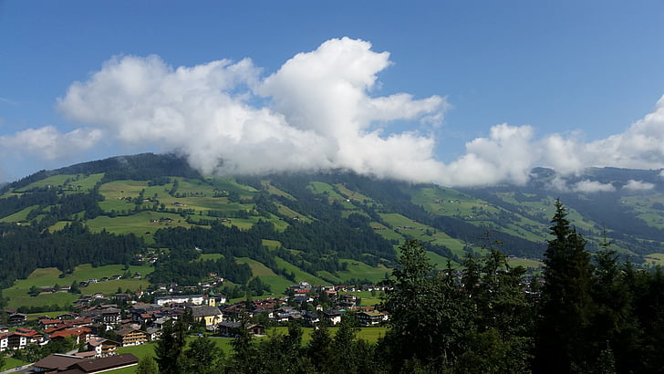 Austria, montaña, Ver, nubes, aire, azul, cima de la montaña