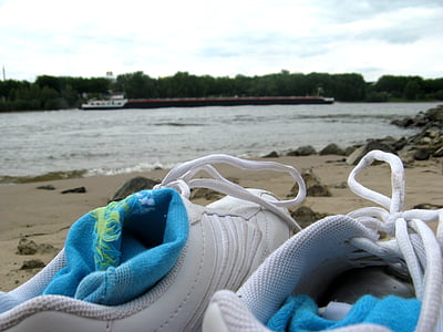 sports shoes, riverside, river, water, bank