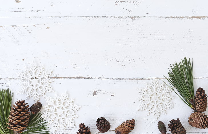 valkoinen puu, Työpöytä, talvi, joulu, flatlay, käpy, maalaismainen