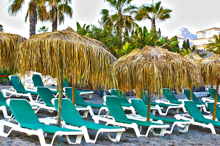 beach, sun loungers, marbella, costa, rest, sunshade, relax