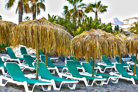 plajă, şezlonguri, Marbella, Costa, restul, umbrelă de soare, Relaxaţi-vă