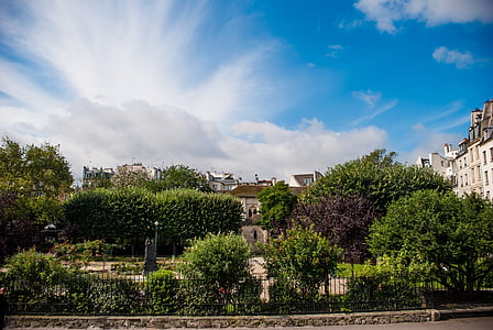 garden, paris, clouds, bucolic, architecture, europe, cityscape