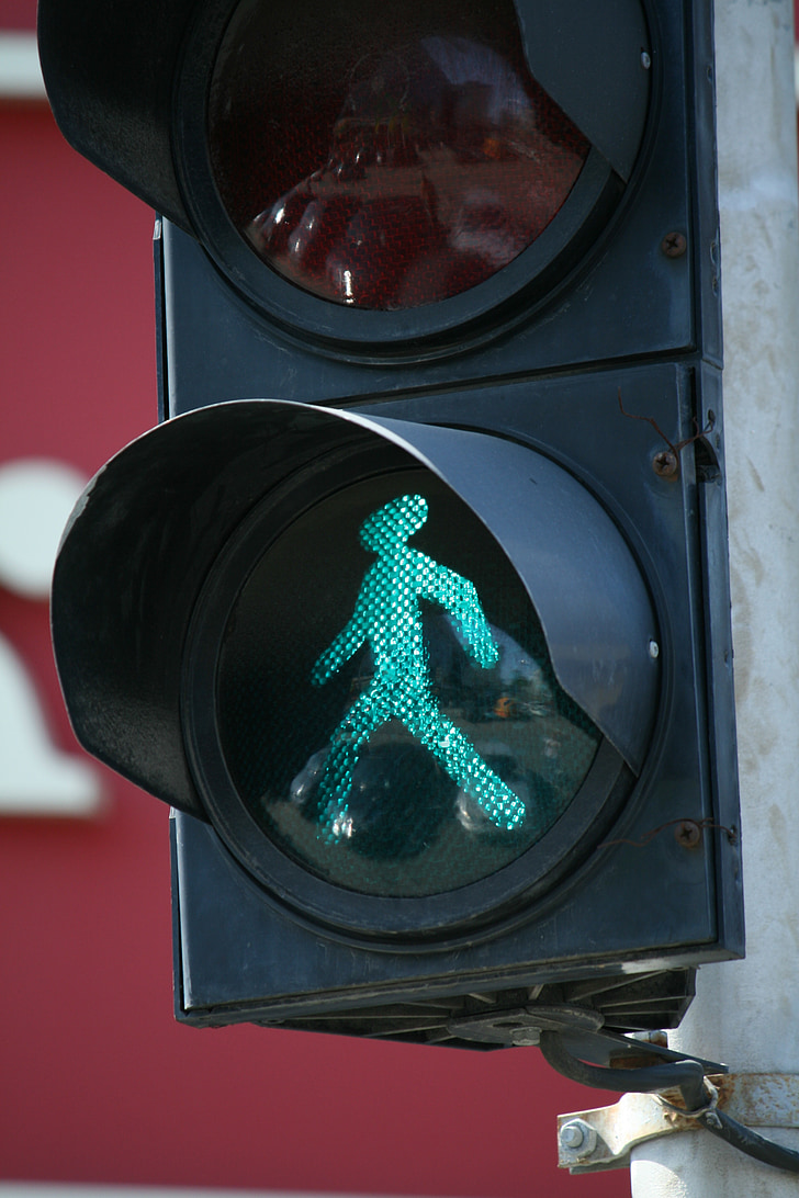 tráfego, verde, homem, permitida, positivo, semáforo, rua