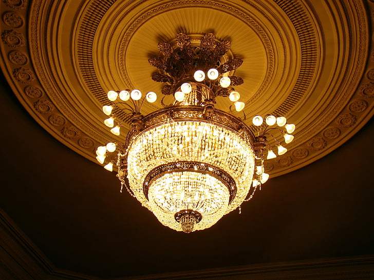 chandelier, ceiling, ceiling luminaire, light, yellow, interior, candelabra