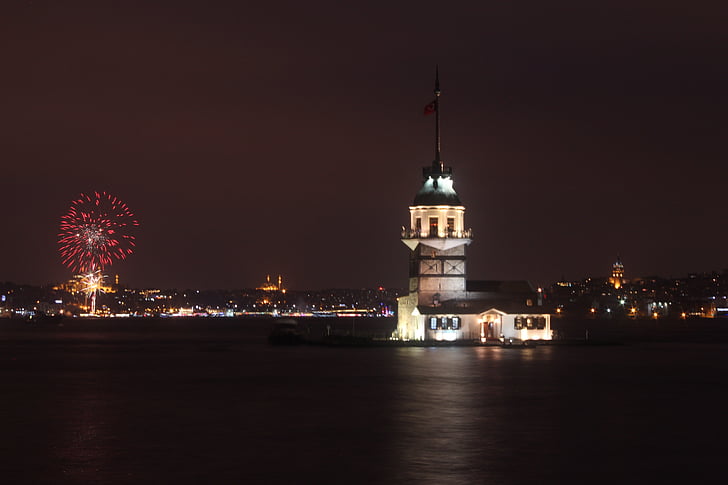 Turquia, natural Turquia, fuzileiro naval, azul, garganta, kulesi de kiz torre da donzela, fogo de artifício