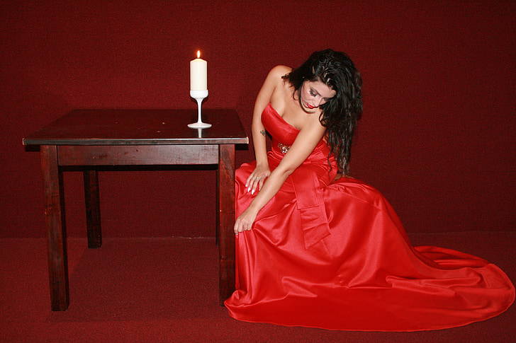 girl, dress, red, lady in red, table, candle, beauty