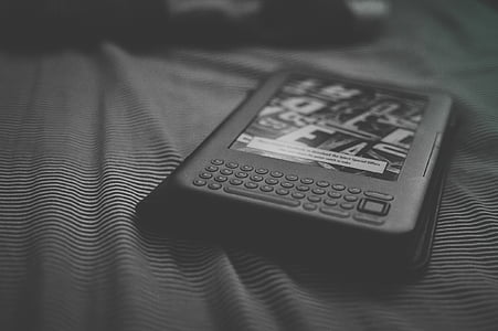 bed, black-and-white, kindle, literature, reader, reading, tablet