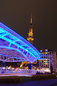 éjszakai, Nagoya, Japán, híd, fény, késő, fények