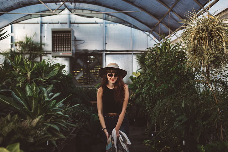 greenhouse, girl, plant, young, healthy, green, sunglasses
