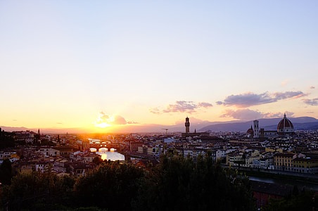 puesta de sol, ciudad, Ver, Florencia, Italia, paisaje urbano, arquitectura