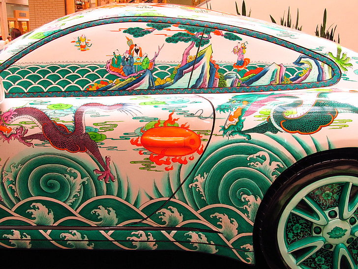 Porsche, oriental, pintura, vista lateral, asiàtic, costum, vehicle