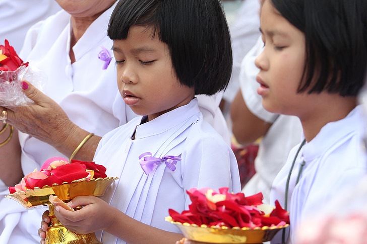 Mädchen, Buddhisten, Mönch, Rosenblüten, Tradition, Zeremonie, Menschen