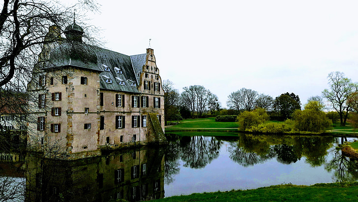 Castle, Bodelschwingh, Nordrhein-westfalen, építészet, felhős, Németország, régi