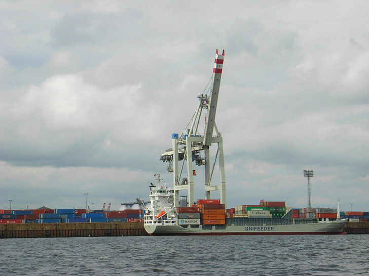 elbe, hamburg, port, harbour crane, container, container ship, ship
