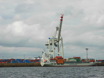 Elbe, Hamburg, Port, Pelabuhan crane, kontainer, kapal kontainer, kapal