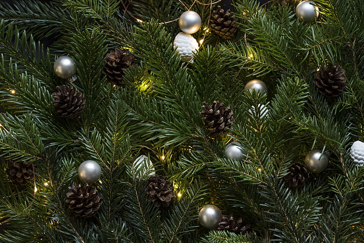 green, christmas, tree, chritsmas, baubles, pinecones, Cones
