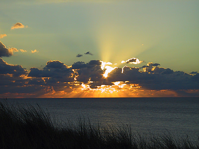 Sylt, západ slnka, oblaky, reflexie, večernej oblohe, Beach
