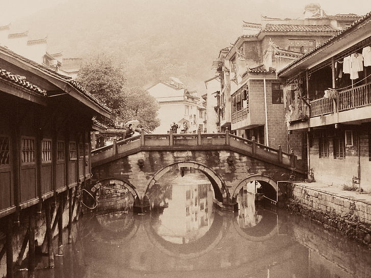 мост, стар, сепия, азиатски, река, исторически, гръндж