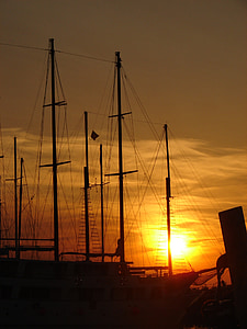 ship, boot, masts, sailing vessel, sail, mood, sunset