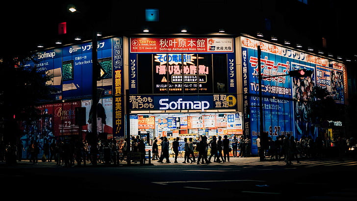 Akihabara, reklaminiai skydai, pastatas, Miestas, Japonija, žibintai, naktį