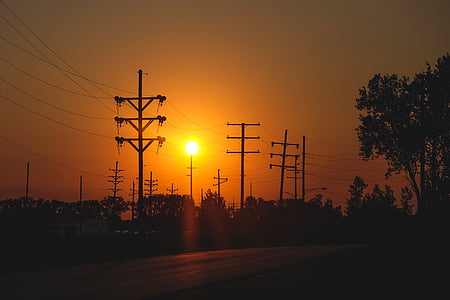 concrete, wire, post, near, tree, road, sunset