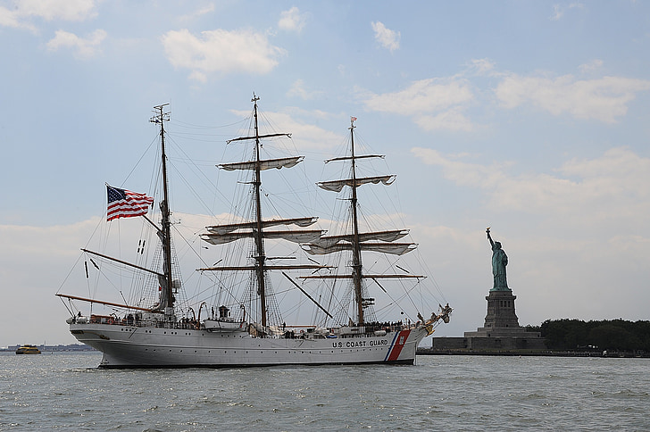 kuģis, kuteris, trīs masted, barque, pilnu buru, Brīvības statuja, New york city