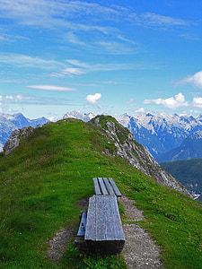 landscape, mountain, alps, summit, nature, bench, hiking