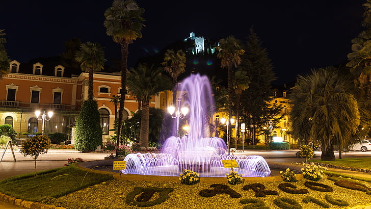castle, fountain, night, lighting, illuminated, night photograph, water