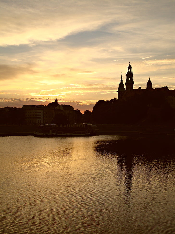 Kraków, Wawel, soluppgång, vatten, landskap, Polen