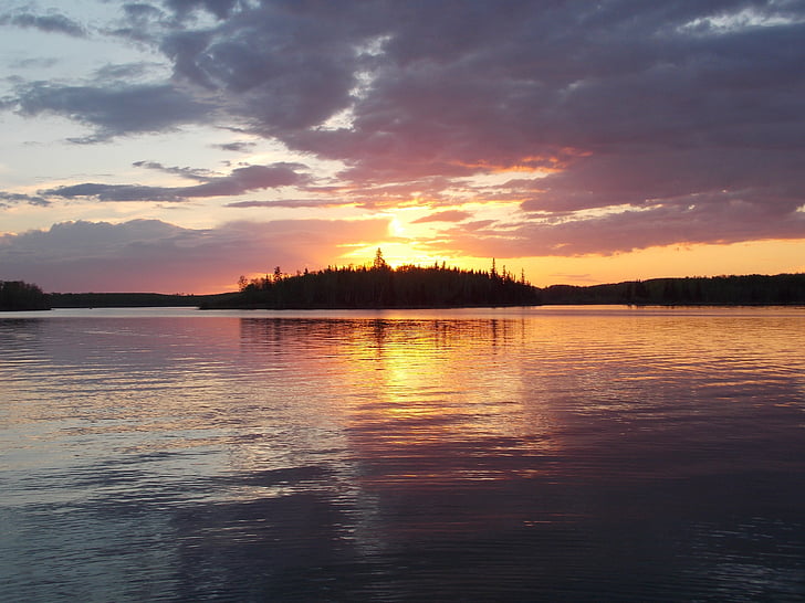 Sonnenuntergang, See, Insel, Reflexionen, Wasser, Natur, Himmel