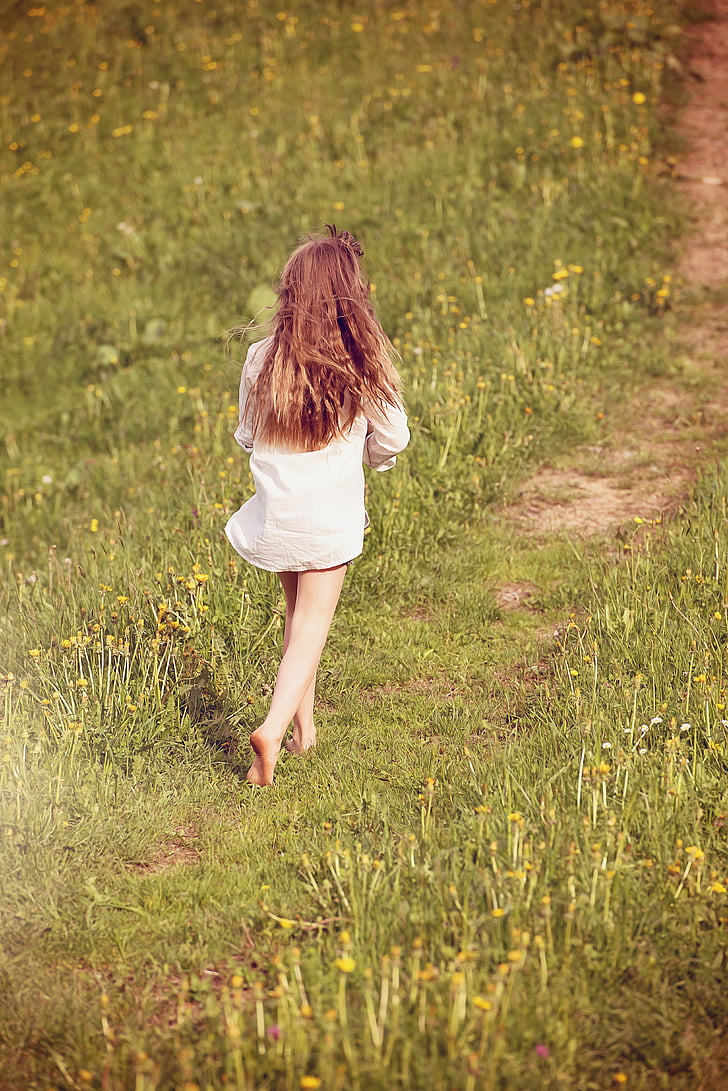 person, human, female, girl, away, meadow, nature