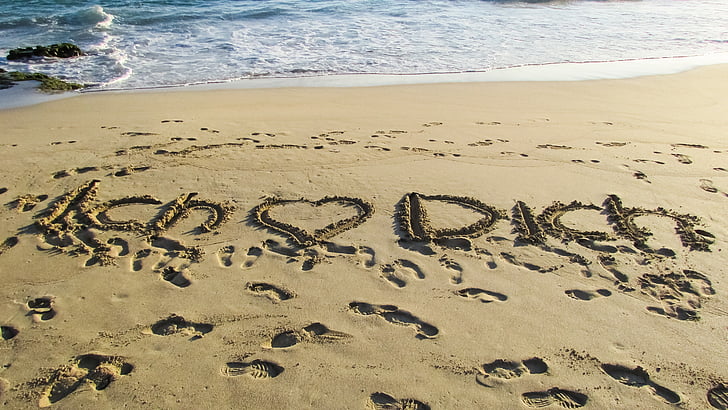 liefde, romantiek, hart, strand, zand inscriptie, romantische, vakantie