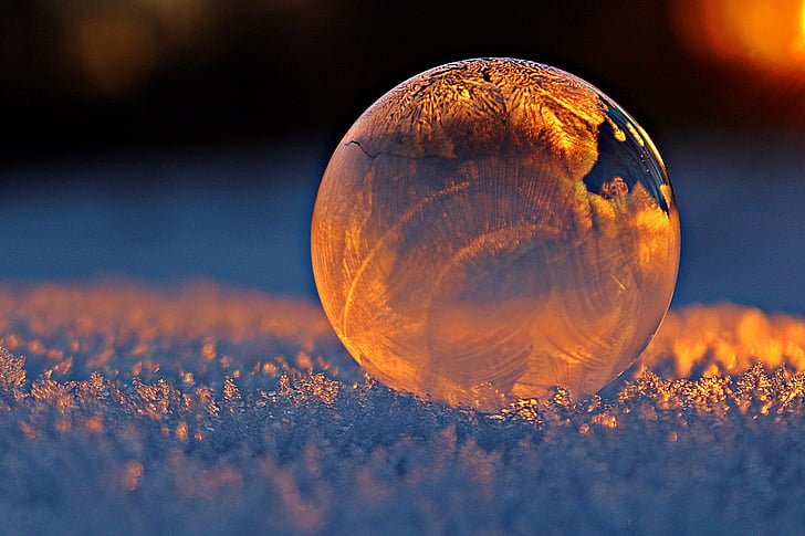 soap bubble, evening light, frost blister, eiskristalle, sunset, frost, snow