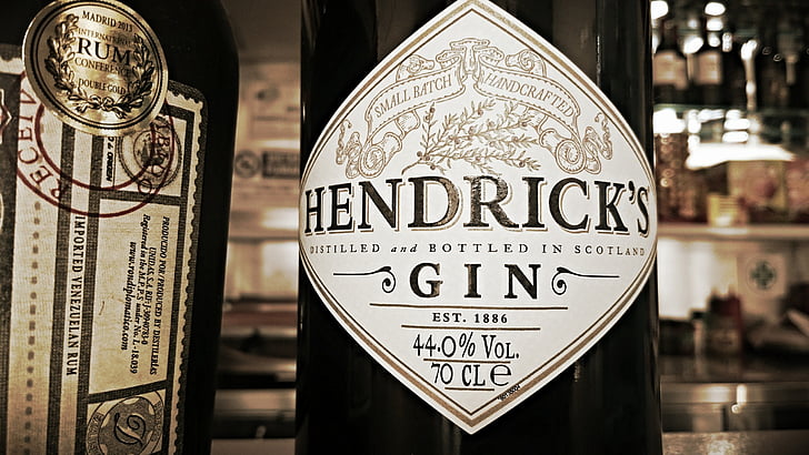 hendrick's, gin, label, bottle, alcohool, bar
