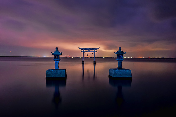 japan, shrine, torii, sea, kumamoto, water, sunset