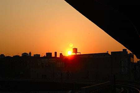 zonsondergang, Brooklyn, New york, watertoren, schemering, stadsgezicht, het platform