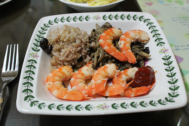 crevettes, cuisine, cuisine fusion, alimentaire, riz, champignons, alimentaire de la Corée