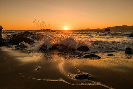 Mar, posta de sol, platja, llum darrera, natura, Costa, capvespre