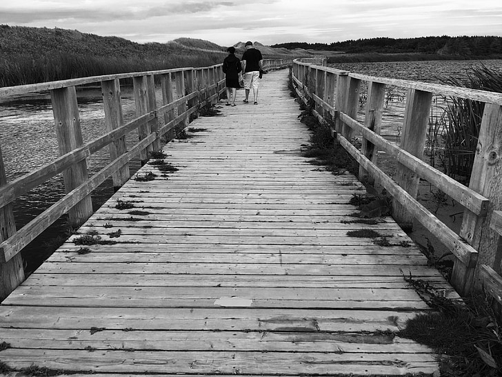 bridge, black and white bridge, boardwalk