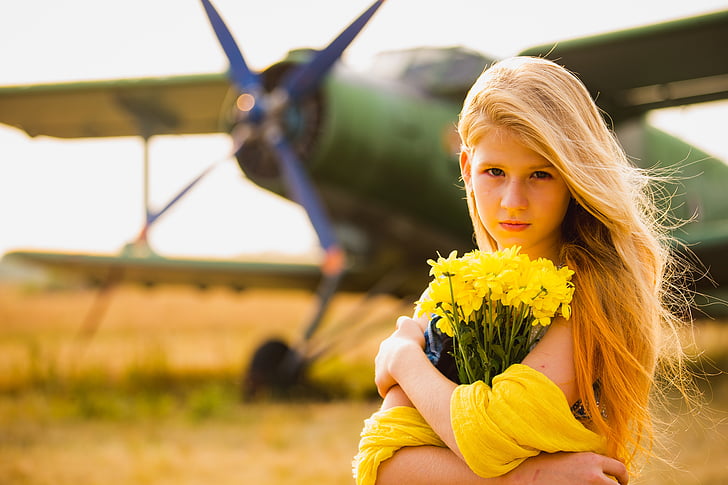 sun, aircraft, girl, glamour, summer, yellow, flowers