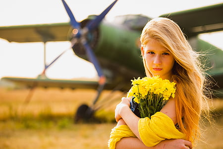 sol, avión, chica, Glamour, verano, amarillo, flores