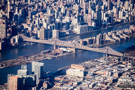 aerial photography, bridge, river, architecture, urban, building, skyscraper