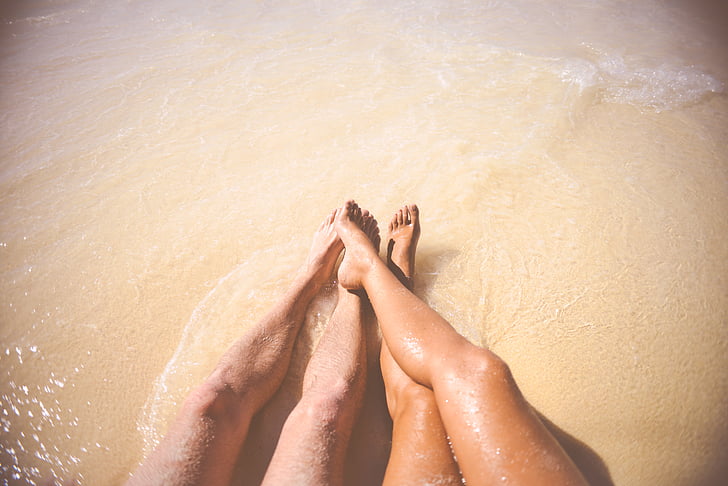plaj, Çift, ayak, bacaklar, boş zaman, aşk, insanlar