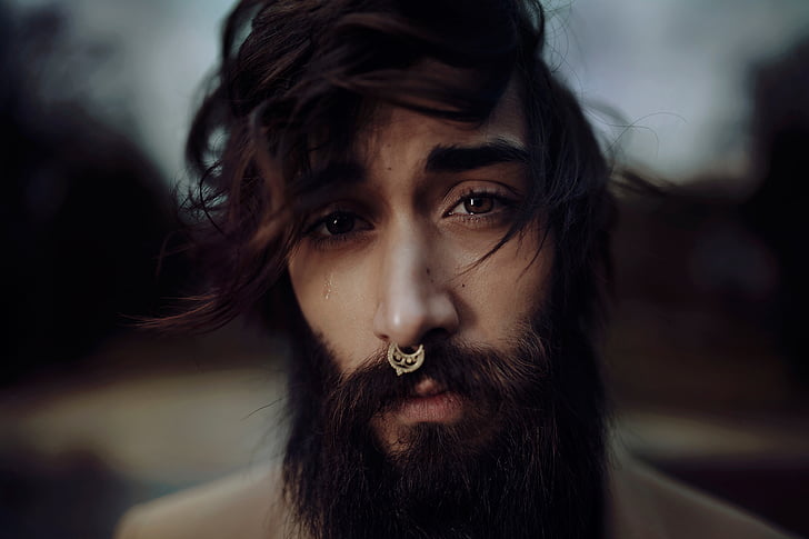 beard, man, nose ring, person, piercing, portrait, sad