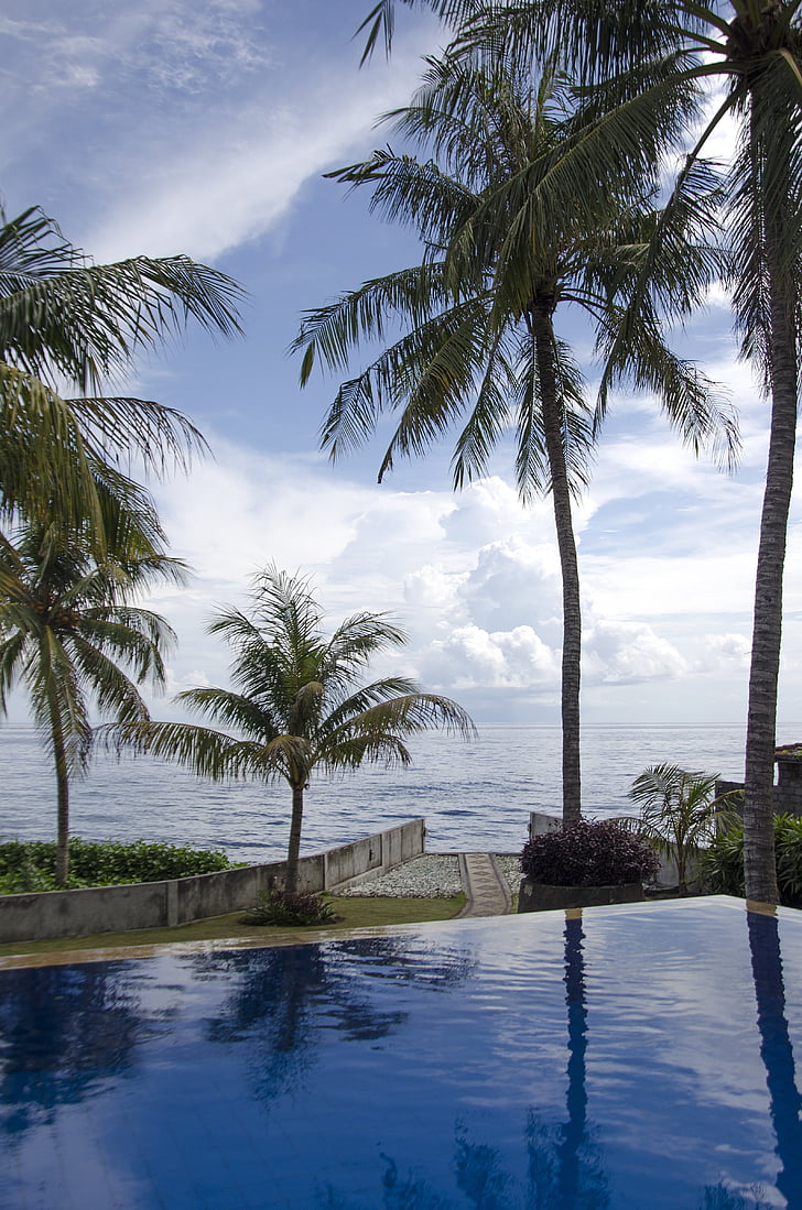 zrcadlení, obloha, voda, Resort, Palmové stromy, Bali, odpočinek