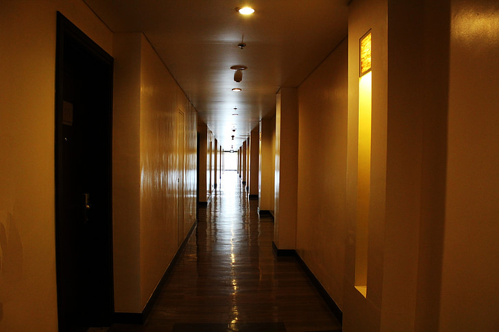Hotel gangen, Hotel, gangen, lys, rom, vegg, lys