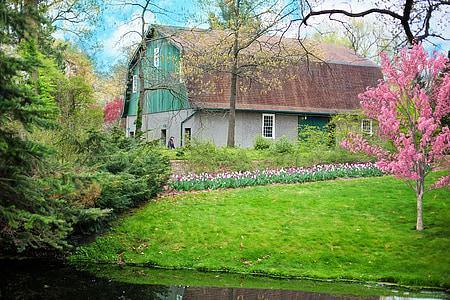 stodola, zelený stodola, jaro, farma, krajina, venkov, Příroda