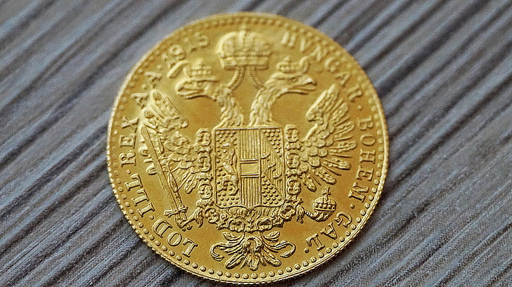 aukso moneta, Auksas, golddukat, aukso spalvos, finansų, tekstas, detalus vaizdas
