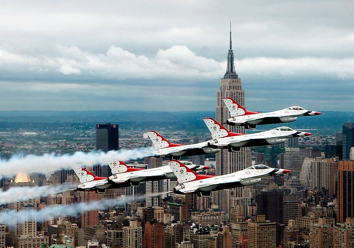 straaljagers, New york, NY, NYC, New york city, stad, fomrationsflug